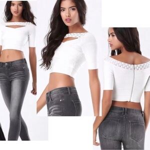 Bebe white bandage rhinestone jewelled cutout crop top Sz L